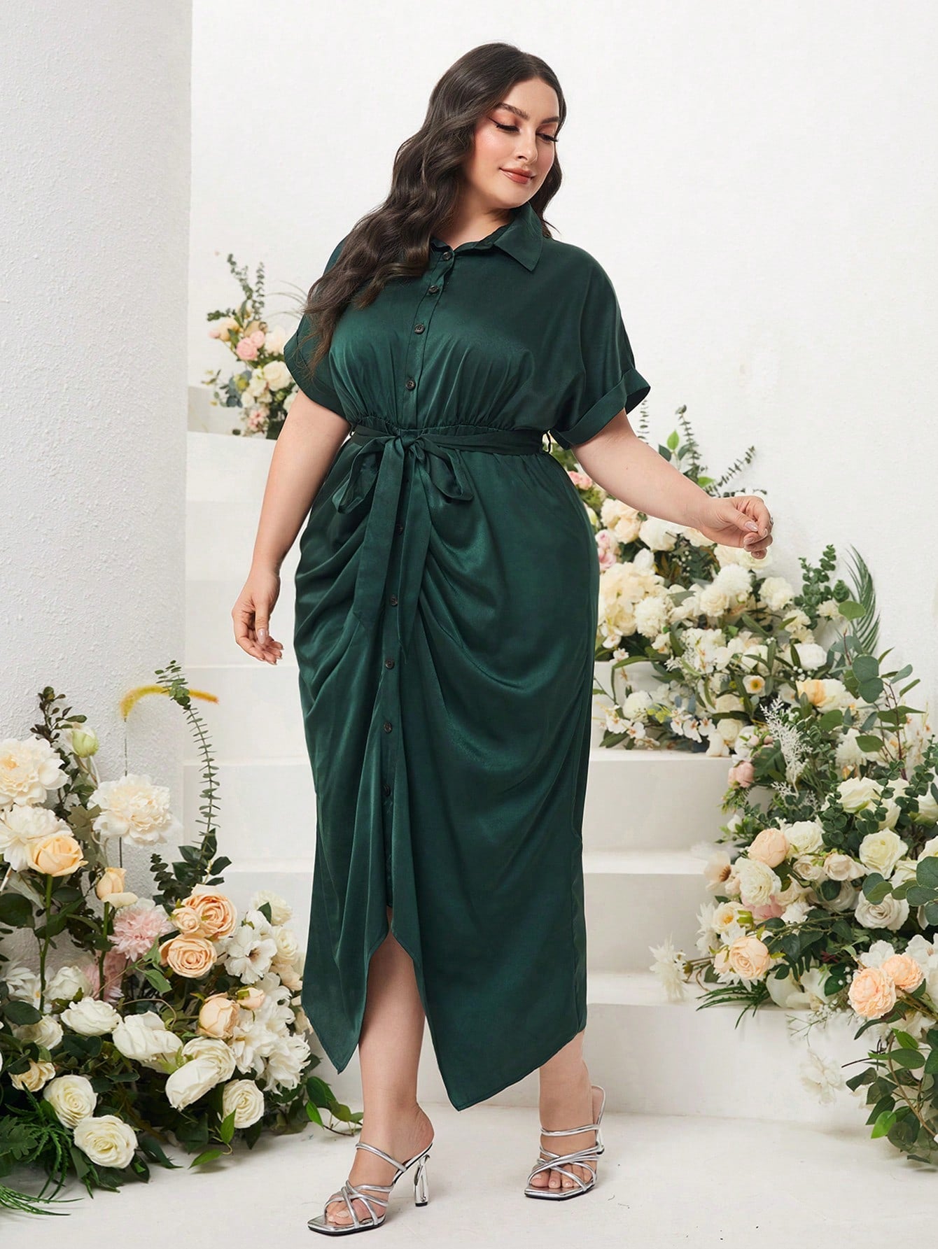 SHEIN Modely plus Batwing Sleeve Ruched Belted Shirt Dress