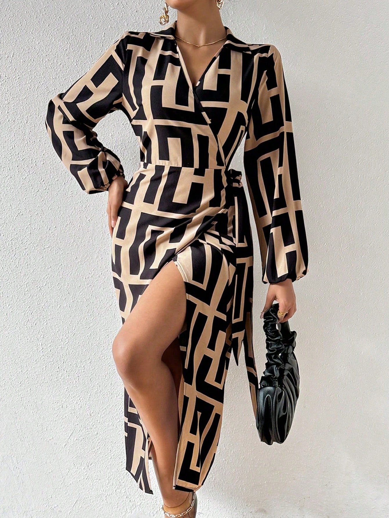 SHEIN Privé Women'S Geometric Printed Wrap Belted Dress