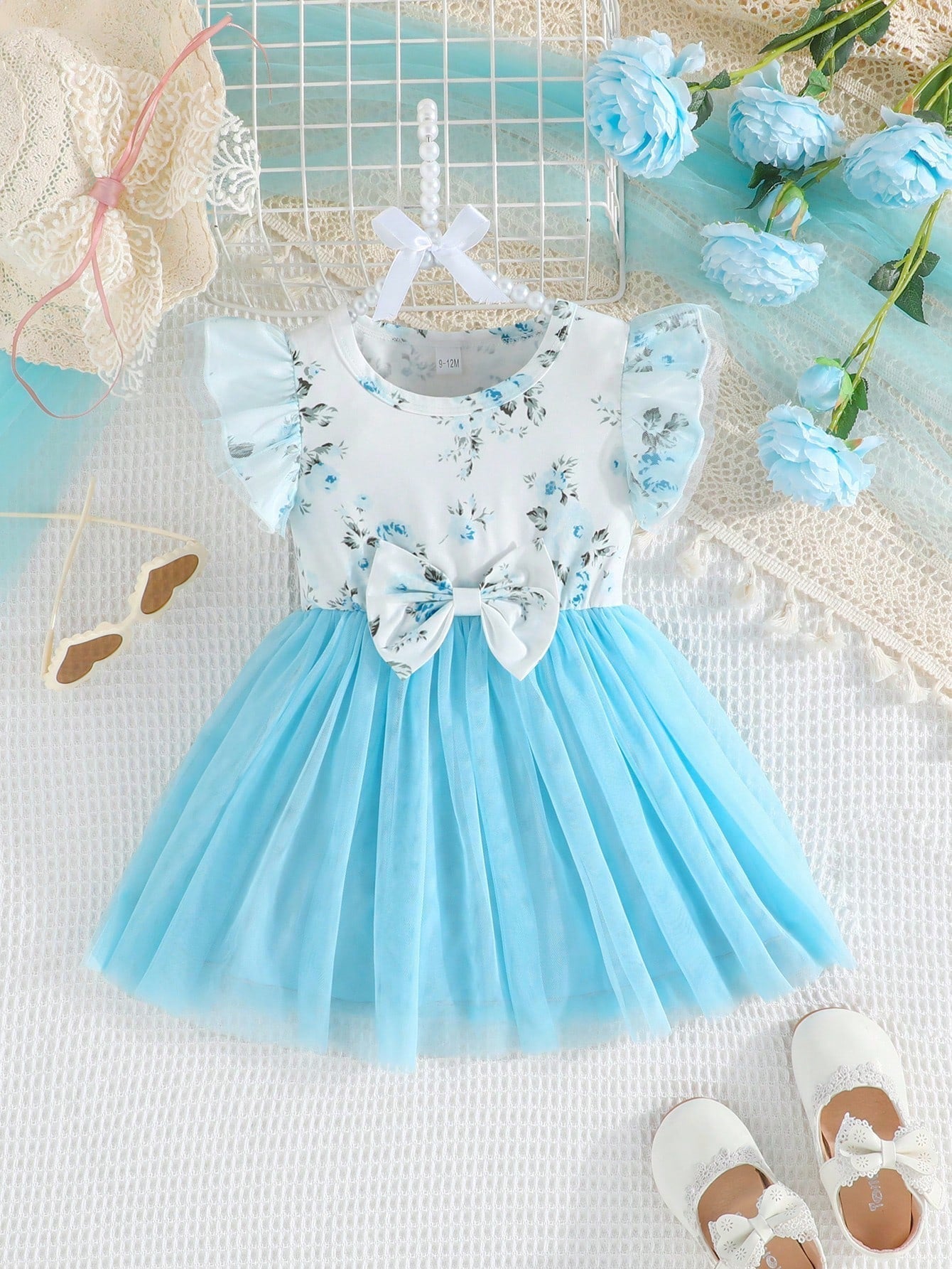 Baby Girl'S Summer Double-Layer Mesh Ruffled Sleeve and Floral Printed Dress with Bow Decor