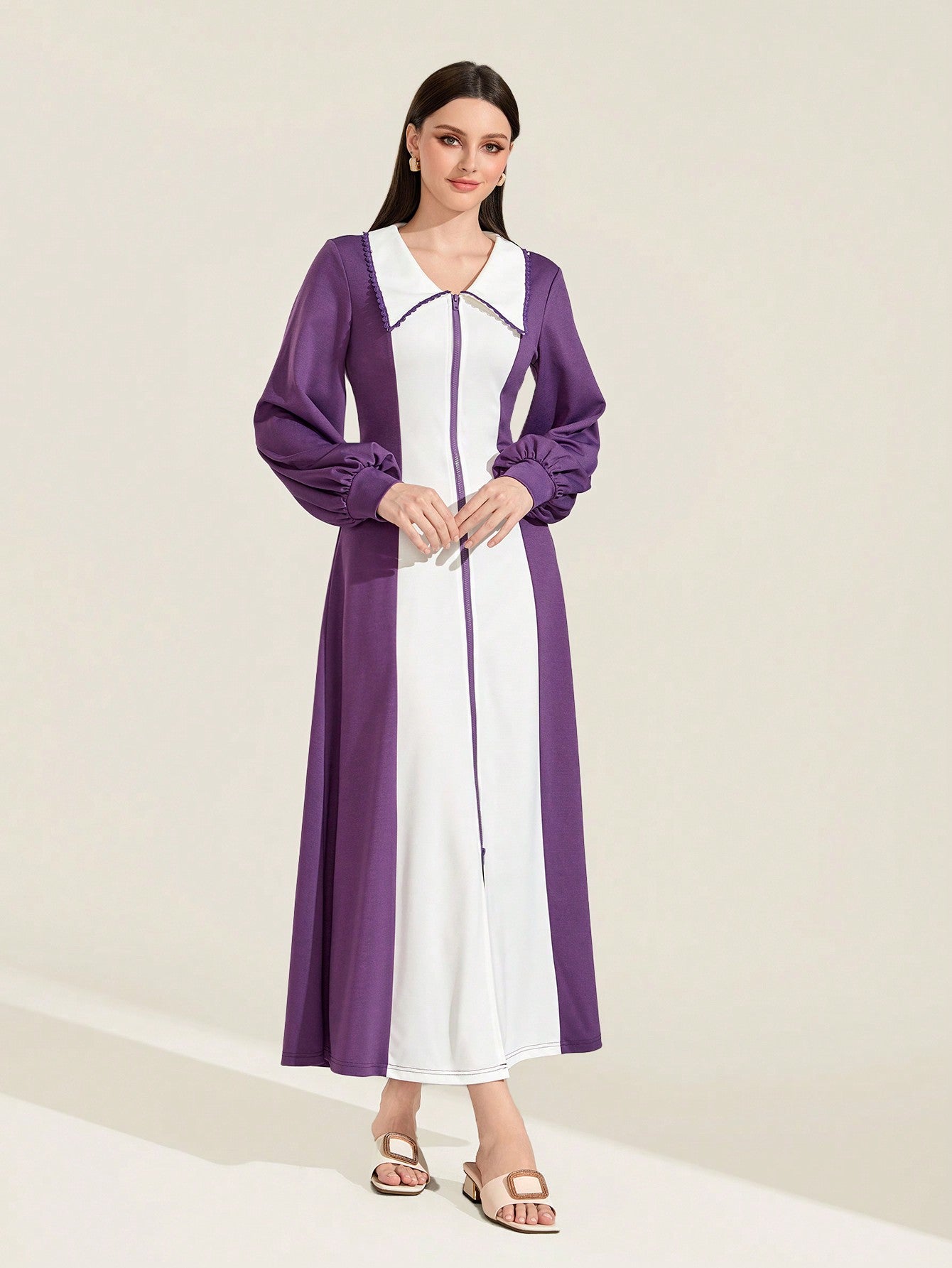 SHEIN Mulvari Two Tone Lantern Sleeve Split Hem Dress