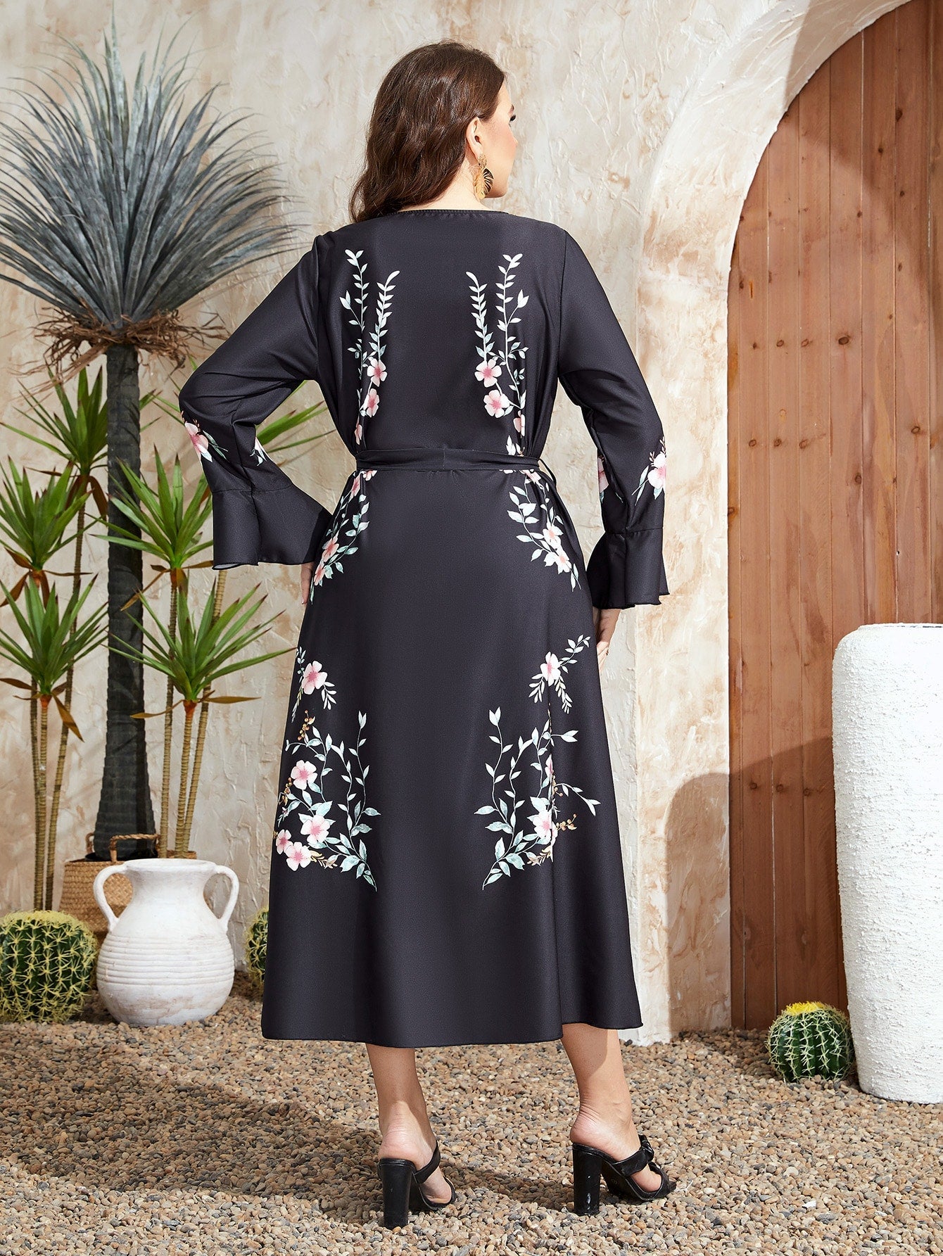SHEIN Najma plus Floral Print Flounce Sleeve Belted Dress