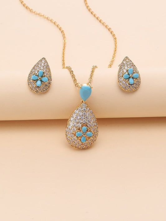 Three-Piece Drop-Shaped Blue Turquoise and Gold-Plated Earrings and Necklace Set