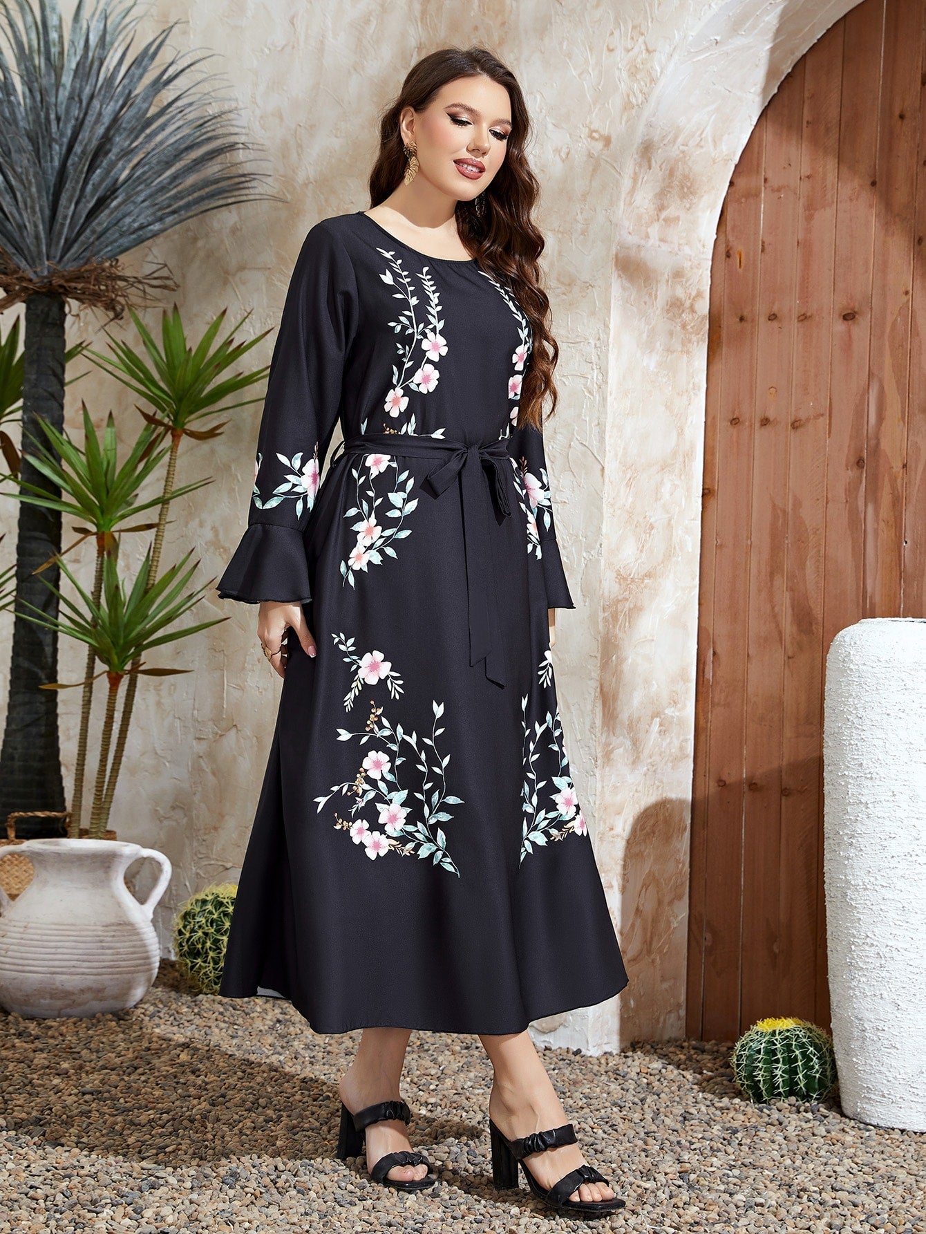 SHEIN Najma plus Floral Print Flounce Sleeve Belted Dress