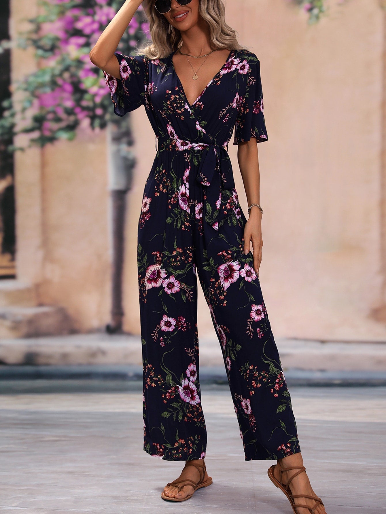 SHEIN VCAY Floral Print Surplice Neck Belted Jumpsuit
