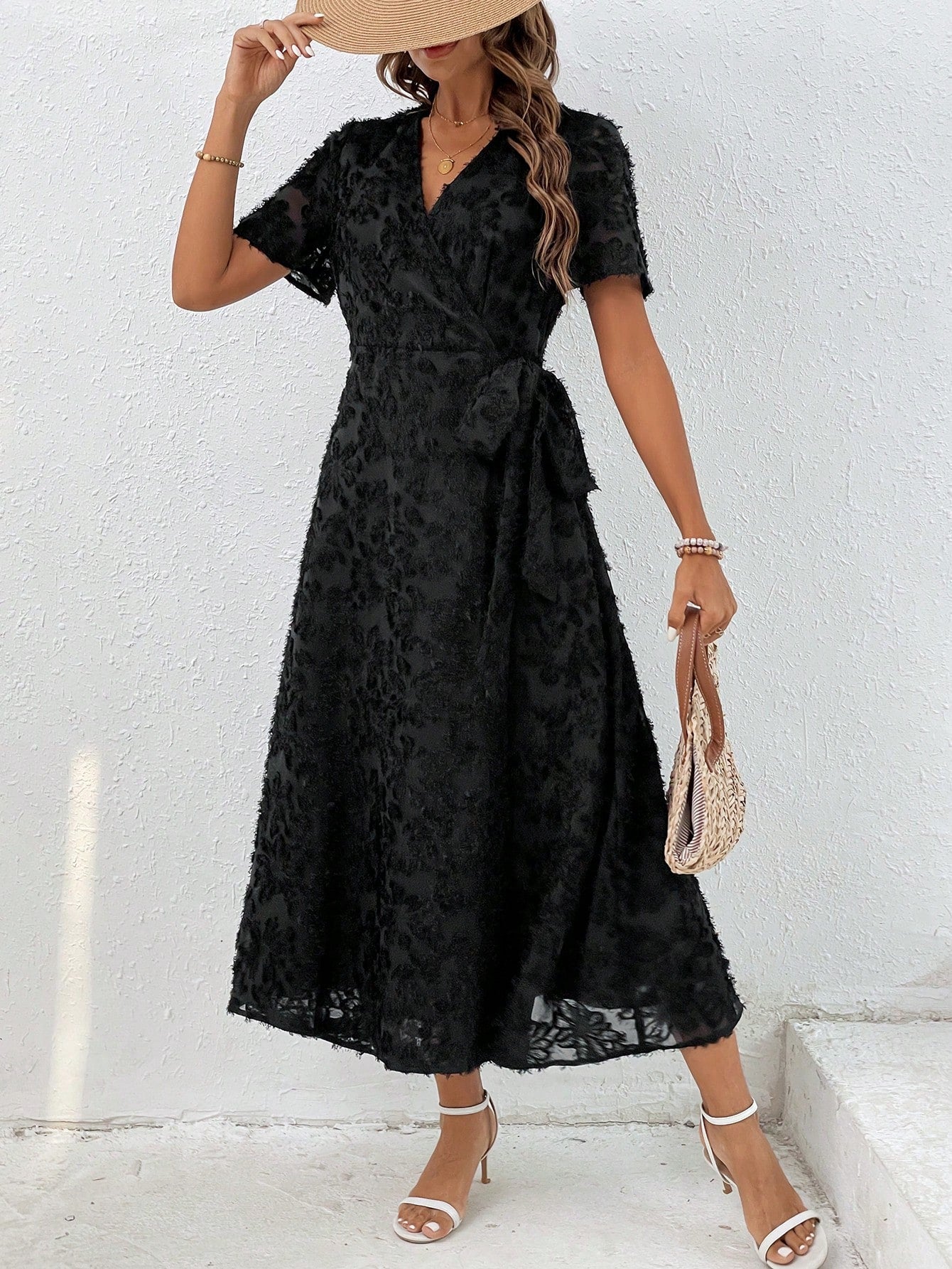 Jacquard Puff Sleeve Knot Side Wrap Dress