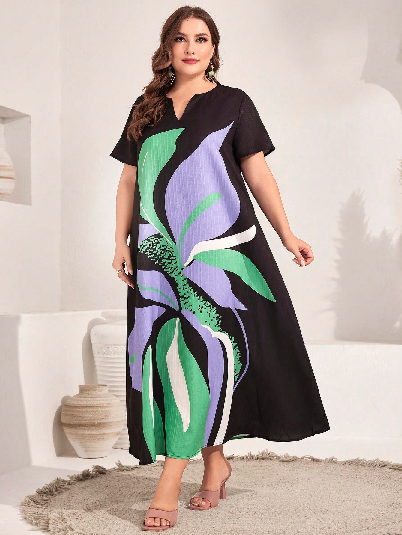 SHEIN Najma plus Floral Print Notched Neckline Dress
