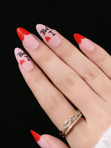 24Pcs/Set Long Stiletto Shaped Valentine'S Day Sweet Red French Style Text Nail Art Tips with 1Pc Nail Buffers and 1Pc Jelly Glue