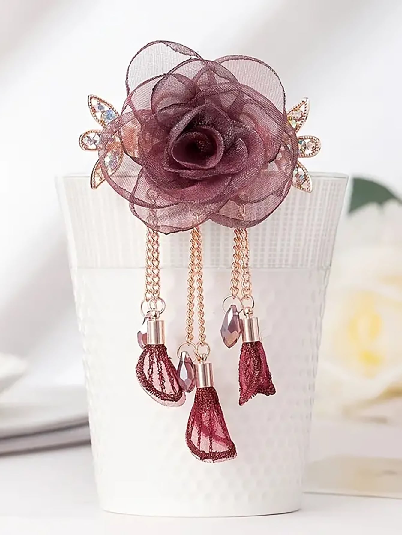 1Pc Elegant Mesh & Fabric Rose Flower Hair Clip for Women, Hair Accessory for Party and Gathering