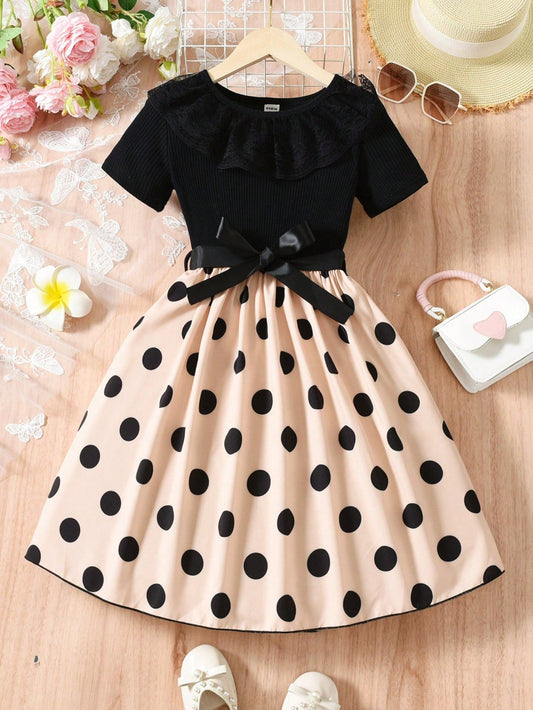 SHEIN Kids FANZEY Tween Girl Polka Dot Print Ruffle Trim Belted Dress