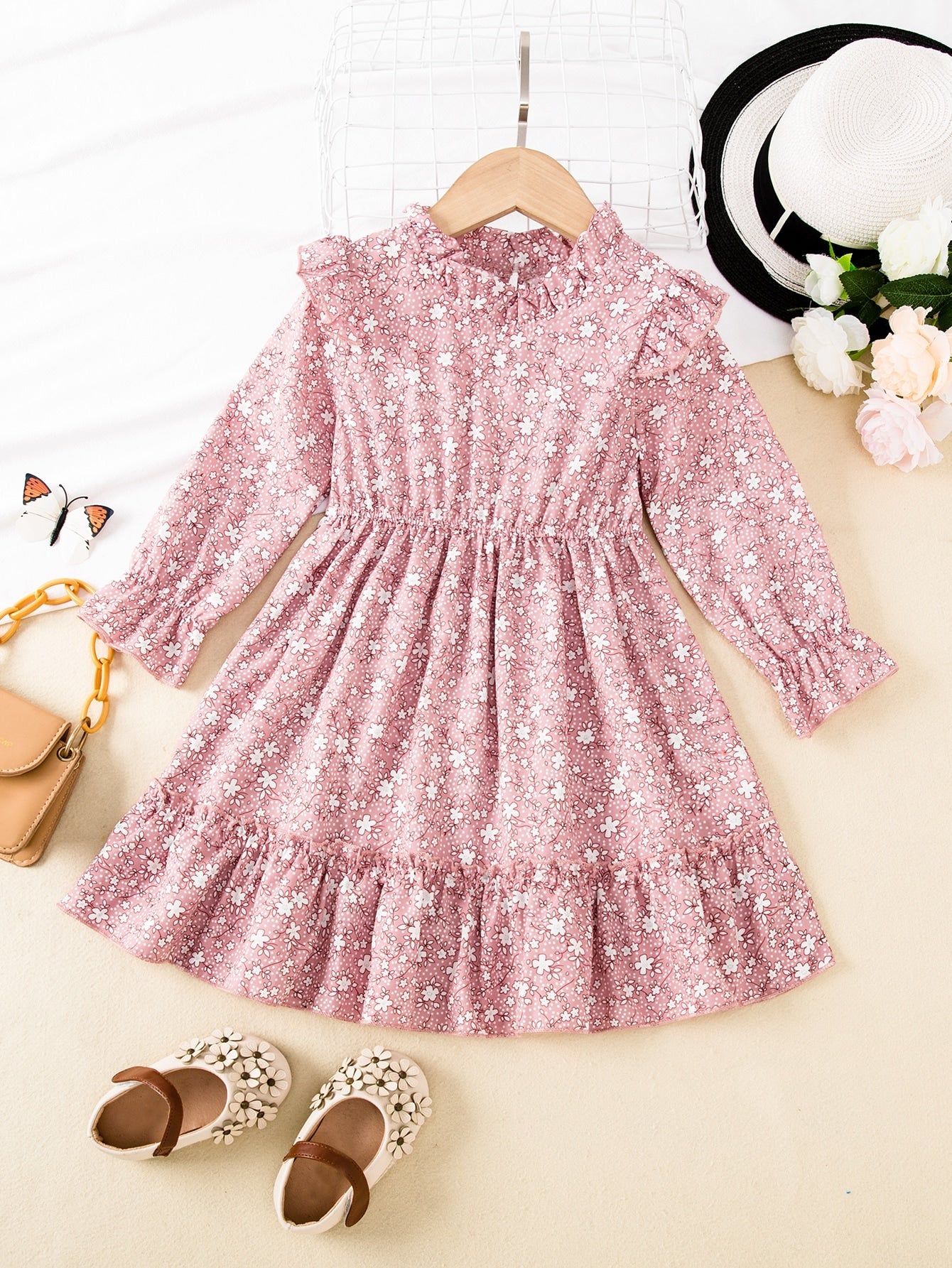 SHEIN Kids EVRYDAY Toddler Girls Ditsy Floral Print Flounce Sleeve Ruffle Trim Dress