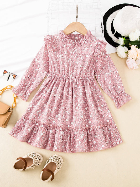 SHEIN Kids EVRYDAY Toddler Girls Ditsy Floral Print Flounce Sleeve Ruffle Trim Dress