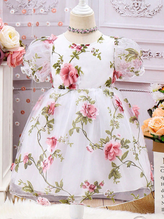 SHEIN Kids CHARMNG Young Girl'S Floral Print Short Puffy Sleeve Elegant & Romantic Spring/Summer Vacation/Evening/Picnic/Wedding Lawn Party Dress