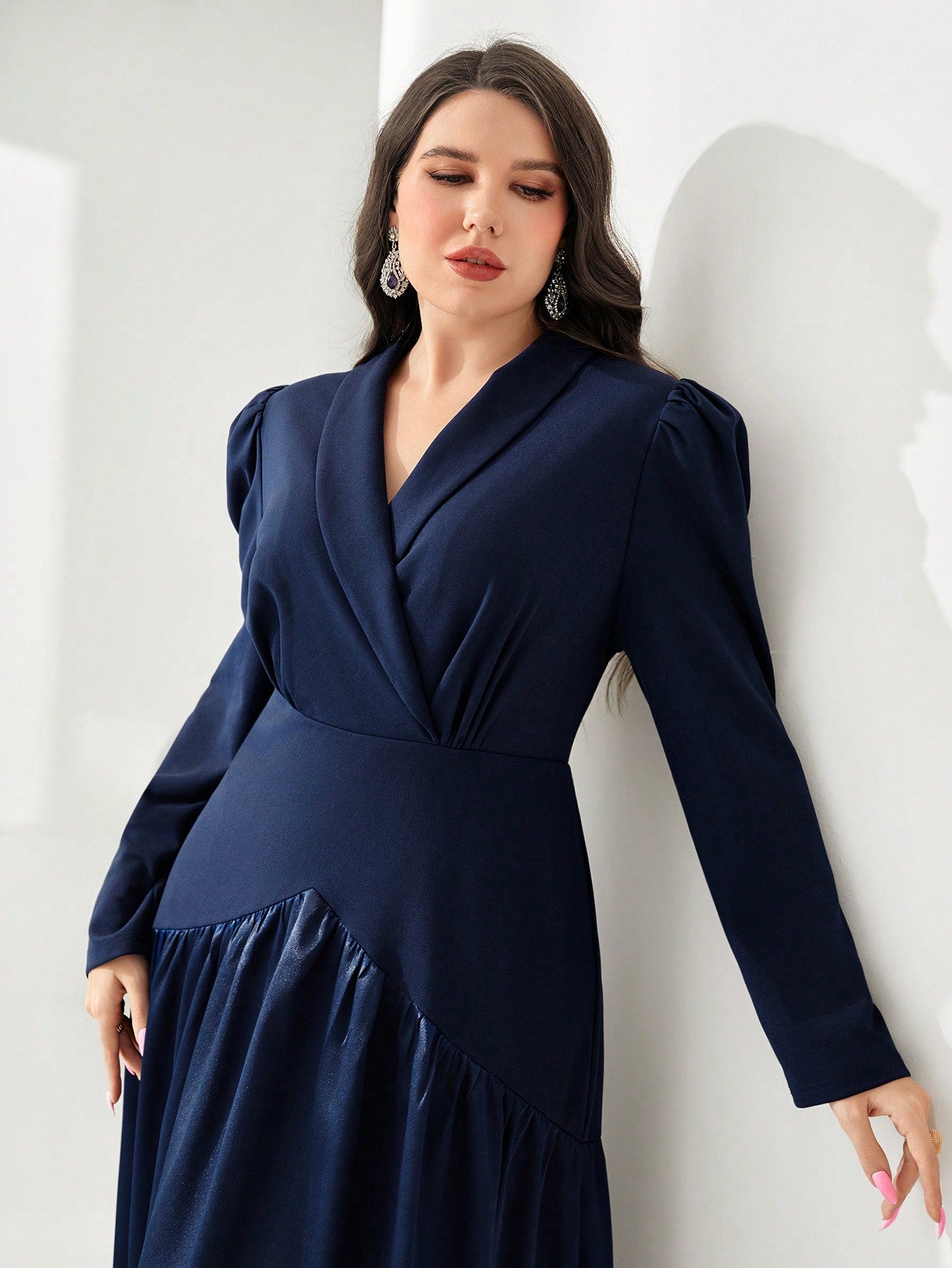 SHEIN Modely plus Shawl Collar Puff Sleeve Flare Hem Dress