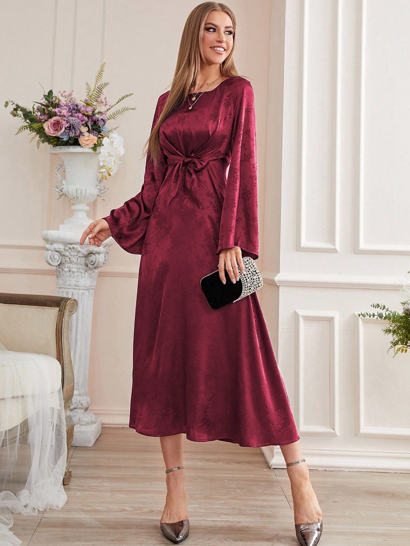 SHEIN Modely Floral Jacquard Flounce Sleeve Belted Dress