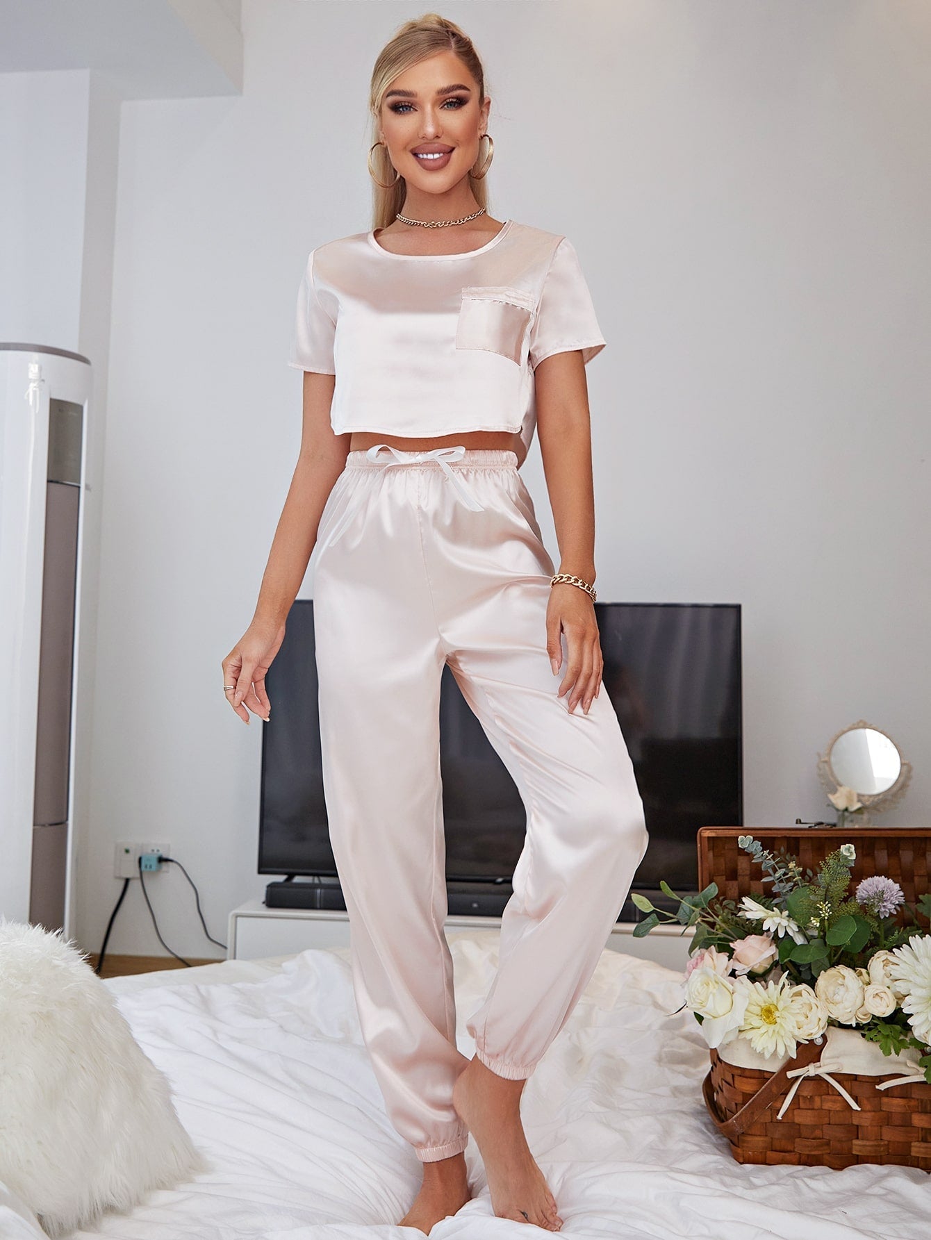 Satin Top & Tie Waist Pants PJ Set