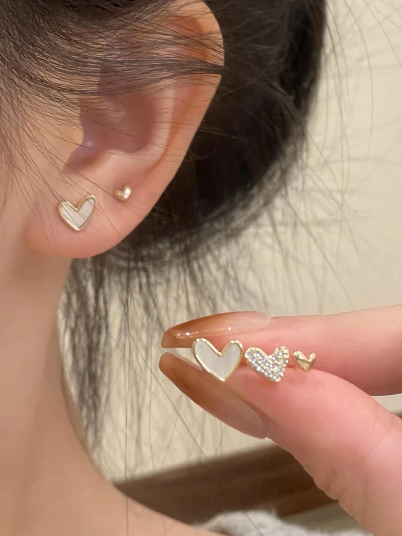 3Pairs/Set Fashionable Simple Delicate Heart Shape Rhinestone Decor Women'S Stud Earrings