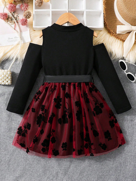 Girls' Embroidery Floral Design Dress with Hollow Out Sleeves and Mesh Splice, Suitable for Elegant Style in Fall/Winter Season