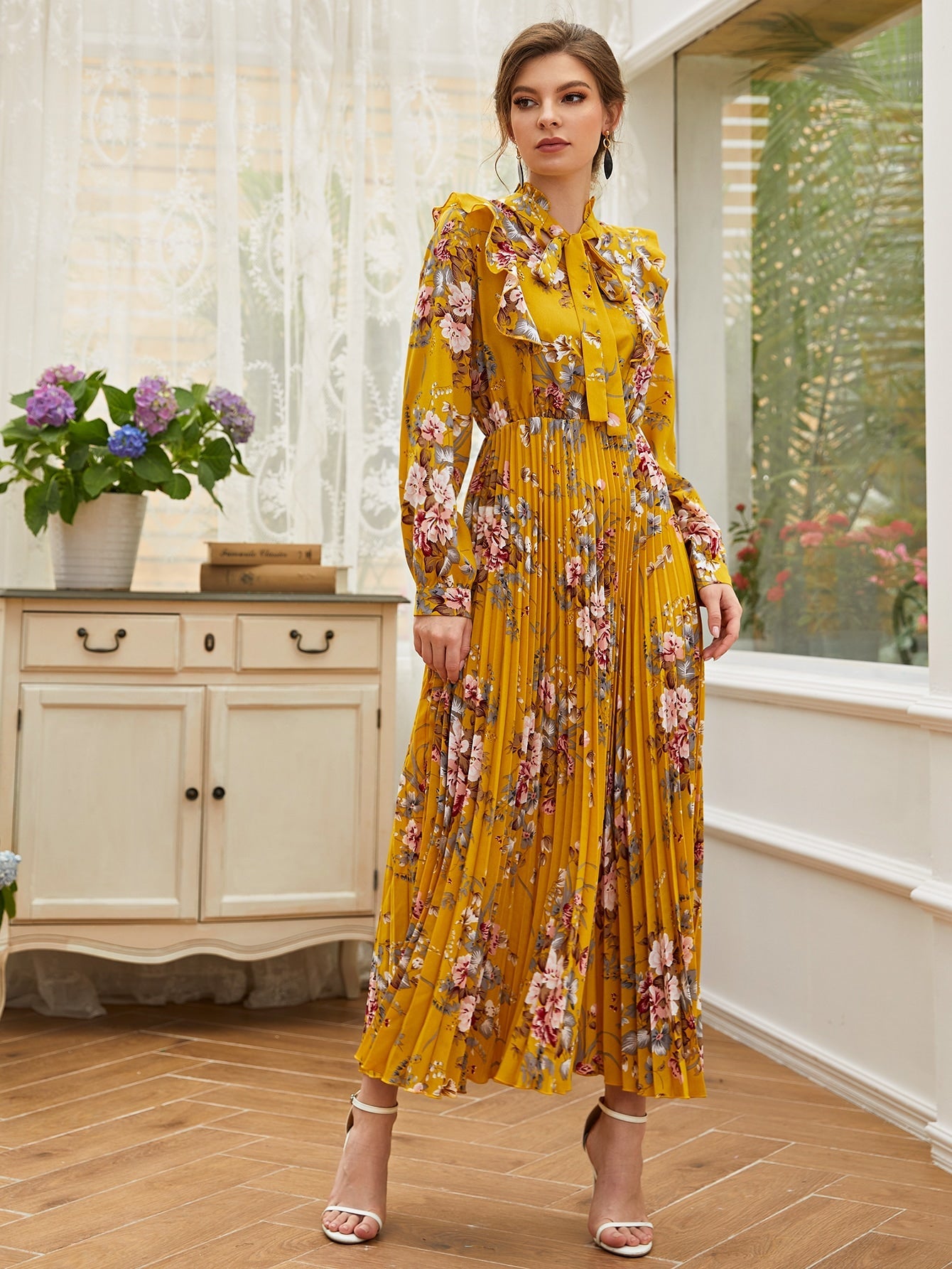 SHEIN Mulvari Tie Neck Allover Floral A-Line Dress