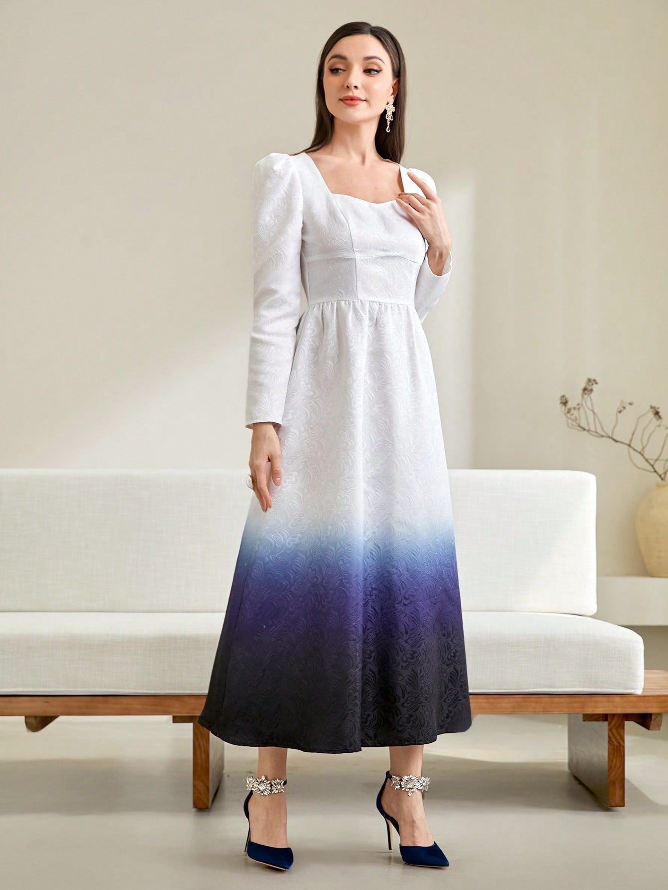 SHEIN Modely Ombre Print Sweetheart Neck Gigot Sleeve Dress without Belt