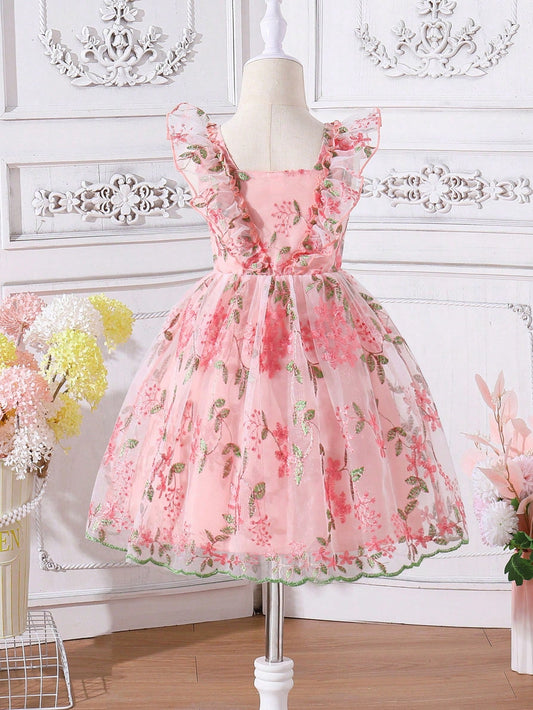 Young Girl'S Elegant Floral Embroidery Tulle Dress with Puff Sleeves and Petticoat, Perfect for Wedding, Flower Girl, Birthday, Party, Vacation, Sweet Summer Blush Outfit