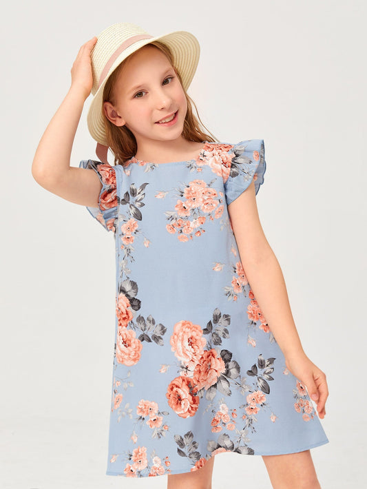 SHEIN Kids SUNSHNE Tween Girl Elegant round Neck Dress with Ruffle Hem, Floral Print