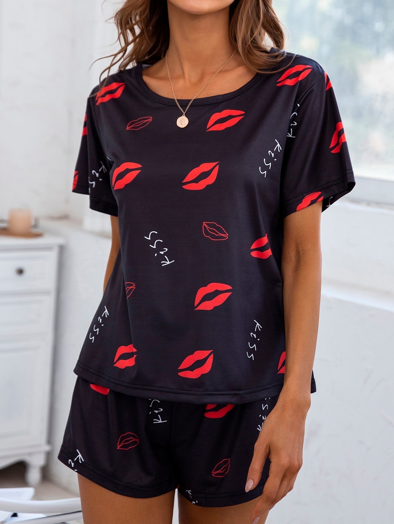 Letter & Lip Print PJ Set with Eye Cover