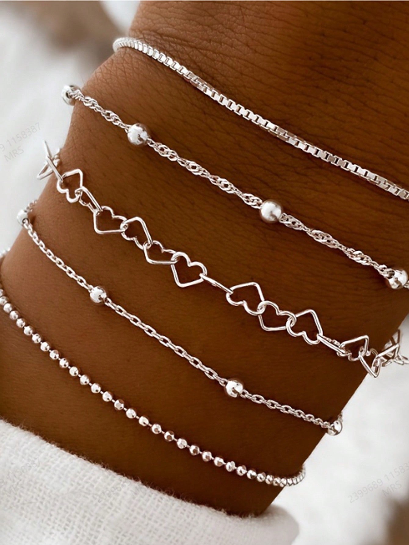 5Pcs/Set Fashionable Simple Heart & round Beaded Chain Bracelet Set for Women, Suitable for Dating, Party, Christmas, Valentine'S Day, Daily Wear