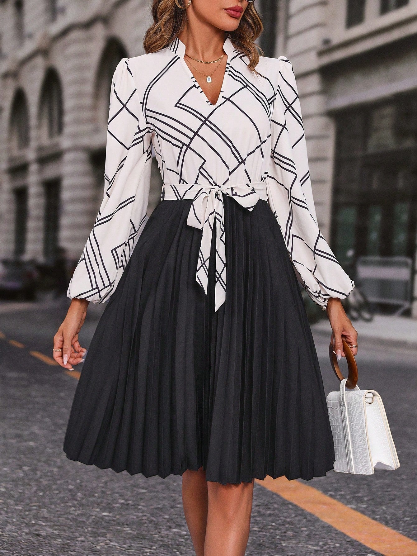 SHEIN LUNE Geo Print Lantern Sleeve Pleated Hem Belted Dress