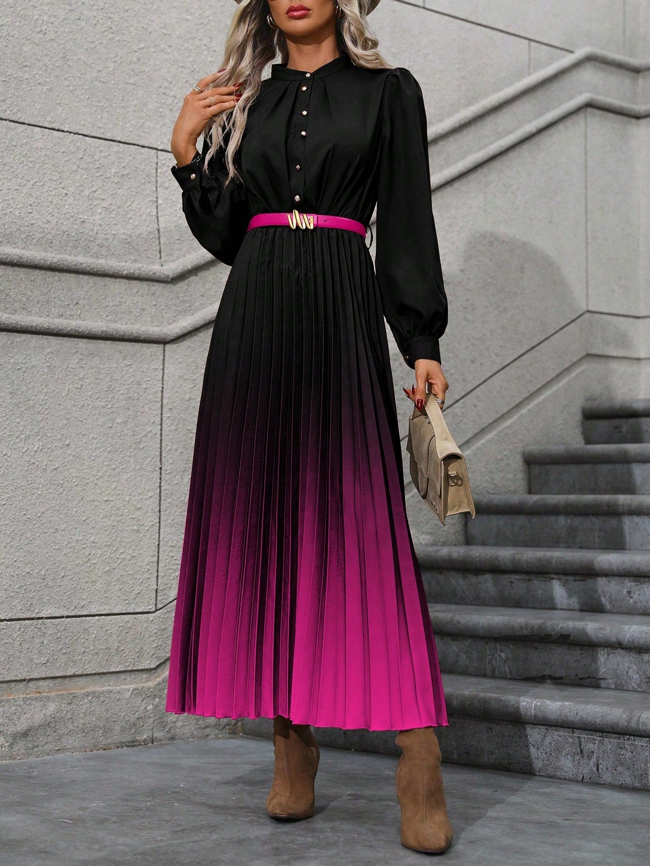 Ombre Bishop Sleeve Pleated Hem Dress without Belt