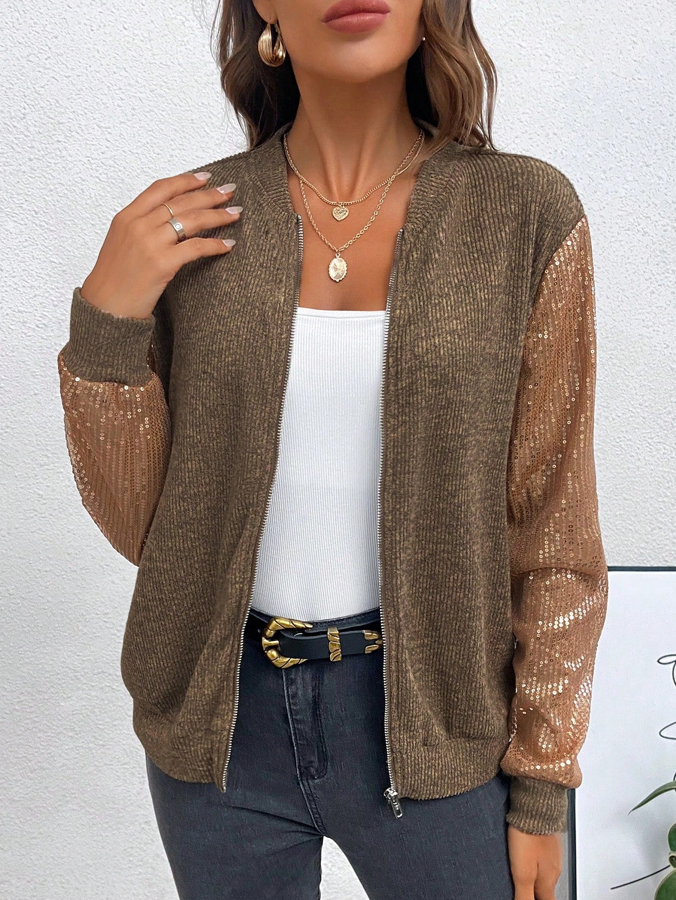 SHEIN LUNE Contrast Sequin Zip up Bomber Jacket