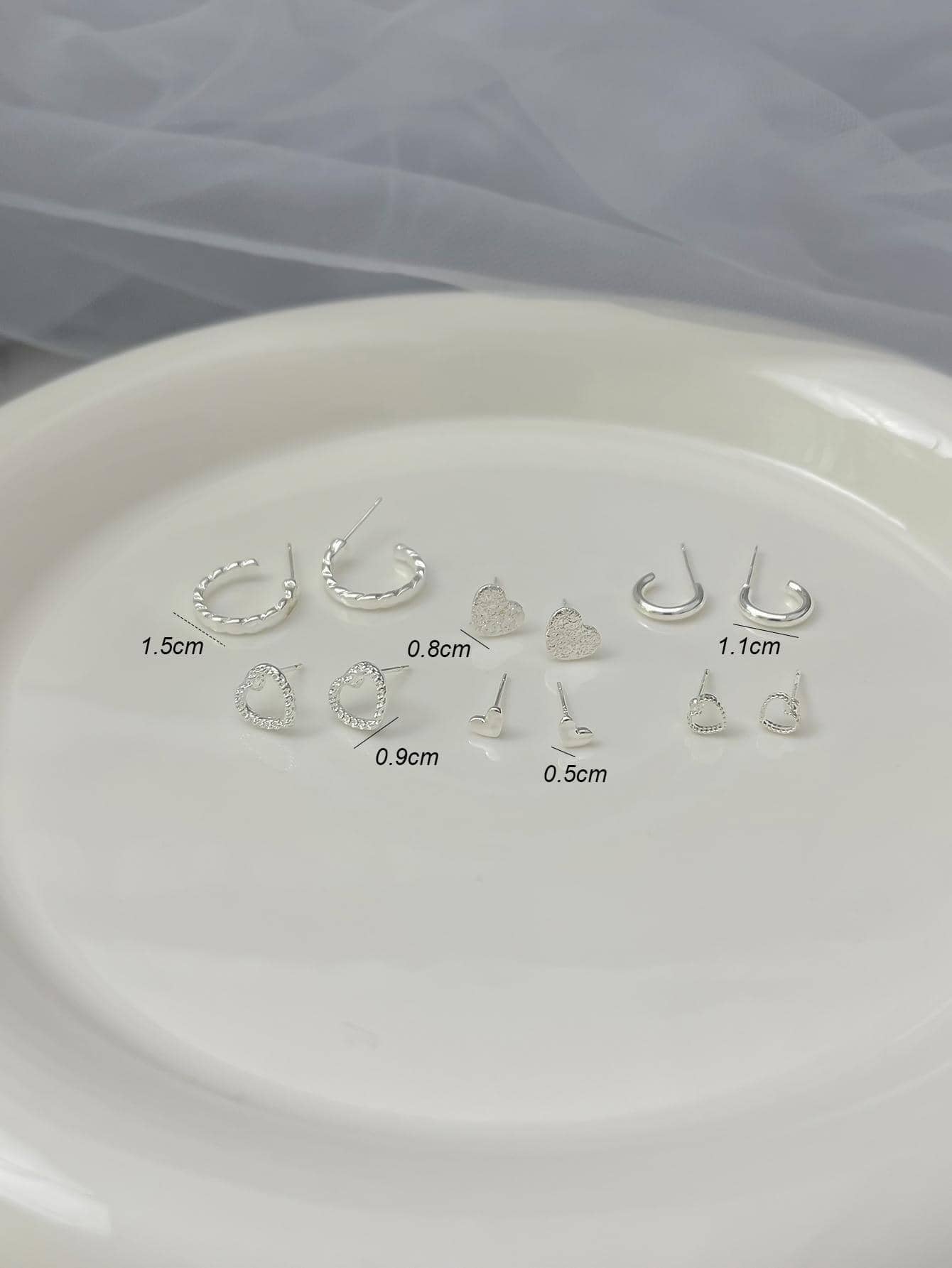6Pair/Set Silver Plated Simple Heart and C Shape Stud Earrings for Women Gifts for Mom or Girlfriend