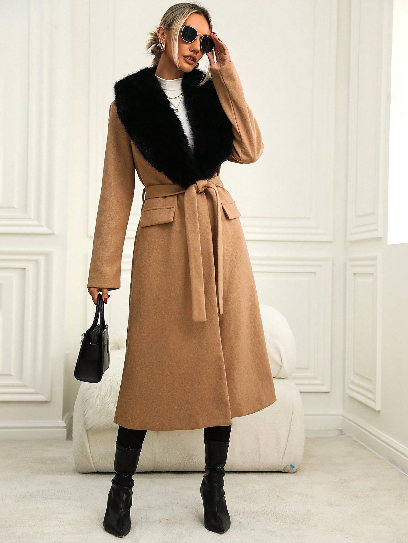 SHEIN Privé Fuzzy Collar Flap Detail Belted Overcoat