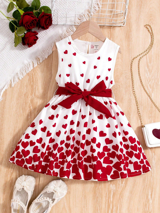 Little Girls' Sleeveless Dress with Heart Pattern