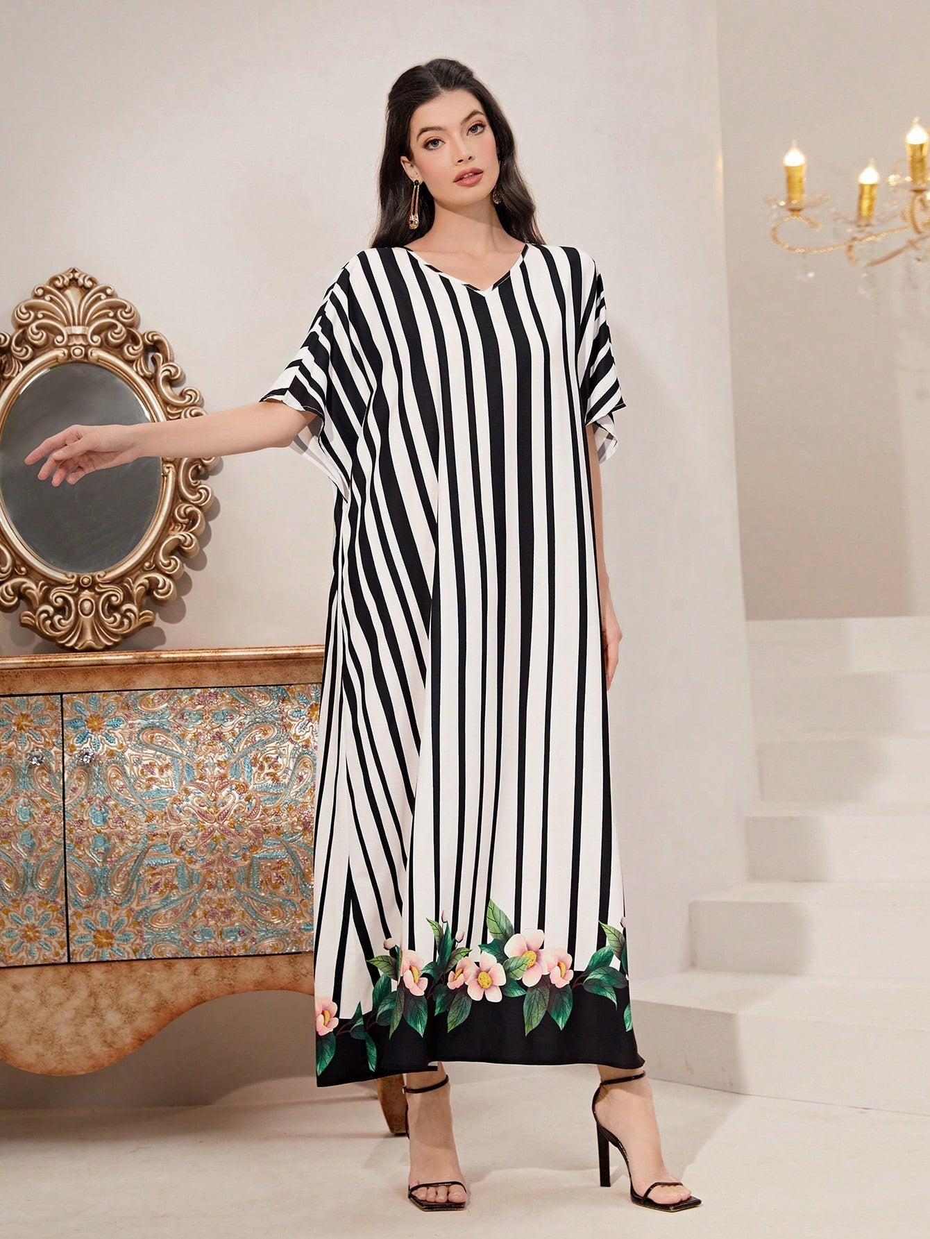 SHEIN Najma Striped & Floral Print Batwing Sleeve Dress