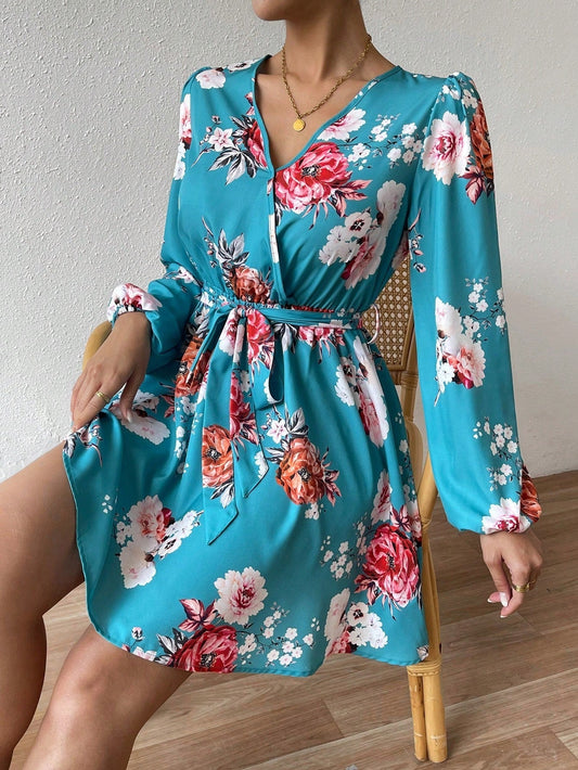 Women'S Lantern Sleeve Dress with Floral Pattern