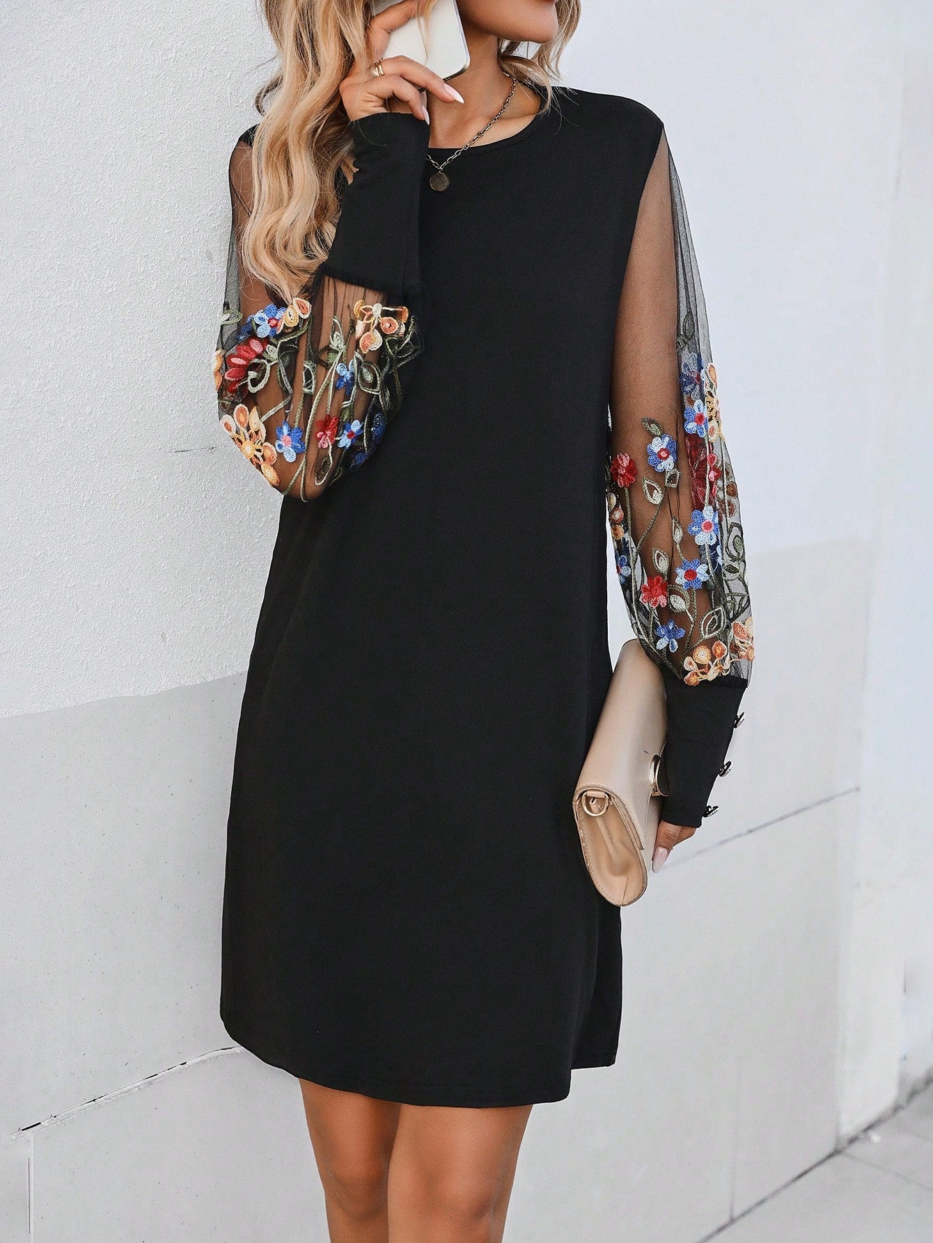 Floral Embroidery Contrast Mesh Sleeve Dress