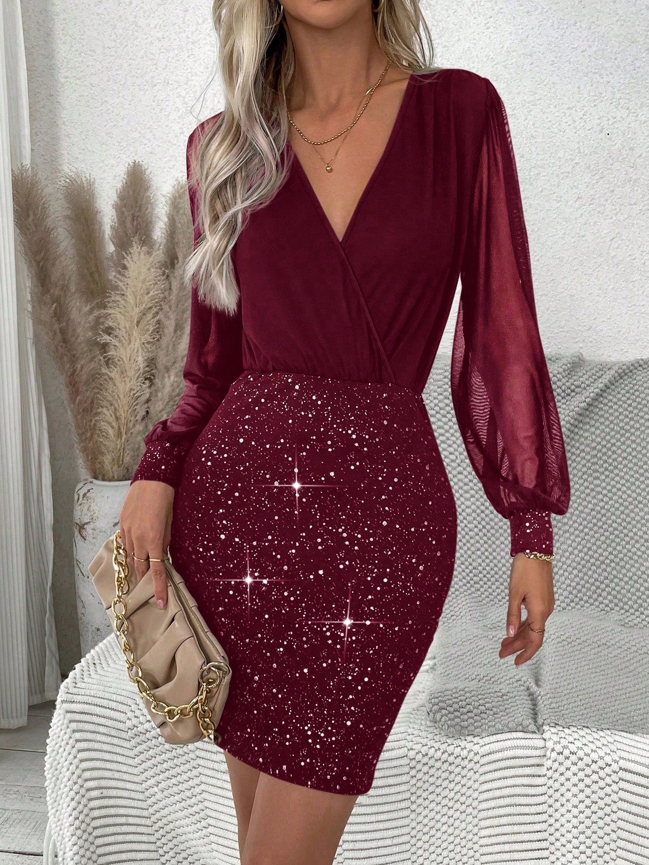 Women'S Mesh Lantern Sleeve Dress