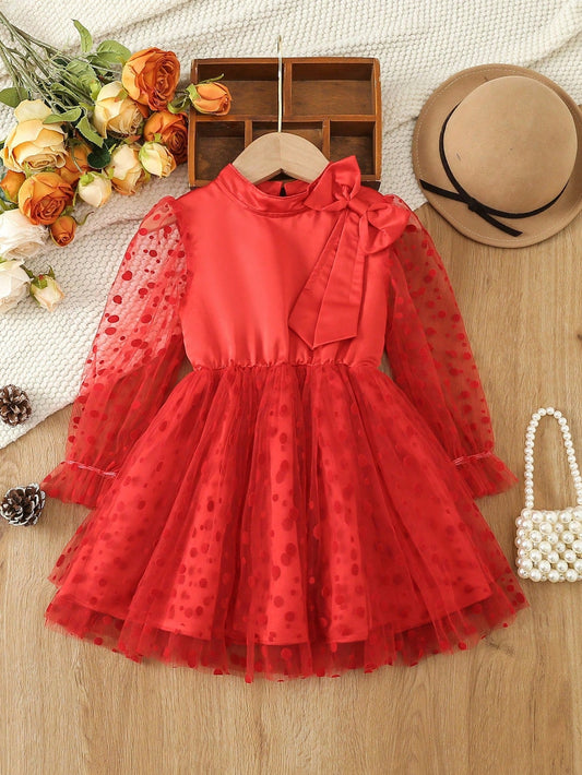 Young Girls' Vintage Polka Dot Mesh Dress with Bow Decor for Autumn