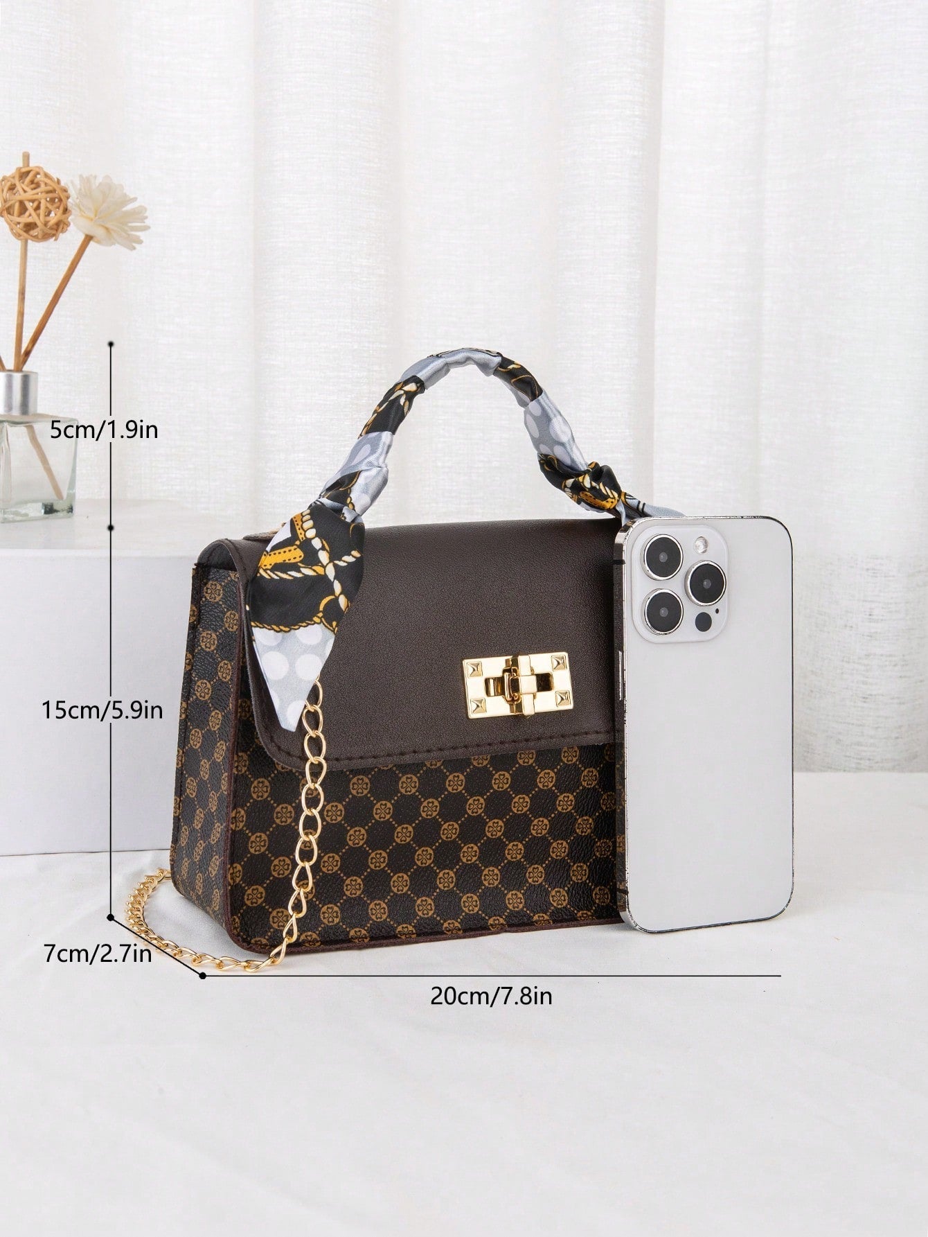 Vintage Retro New Fashion Polka Dots Shoulder Bag with Chain Strap, Scarf & Square Shaped Purse