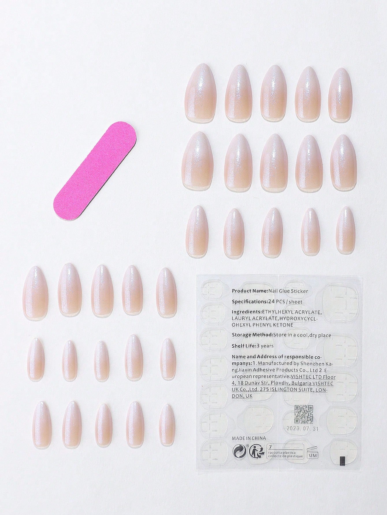 30Pcs Short Almond Shaped Soft & Simple Gradual Change Nude Glitter Nail Chips with 1Pc Buffer and 1Pc Jelly Glue