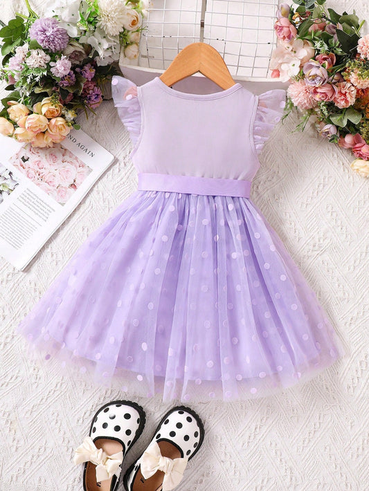 SHEIN Kids CHARMNG Young Girl Polka Dot Mesh Overlay Ruffle Trim Dress