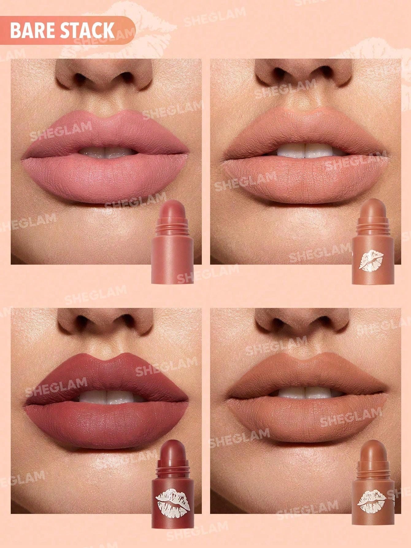 SHEGLAM Mega Lip Stacks-Nude-Bare Stack 4 in 1 Creamy-Matte Nude Lipstick Kit High Pigment Non-Drying Portable Travel Lipstick Kit Lip Makeup Black Friday Lipstick