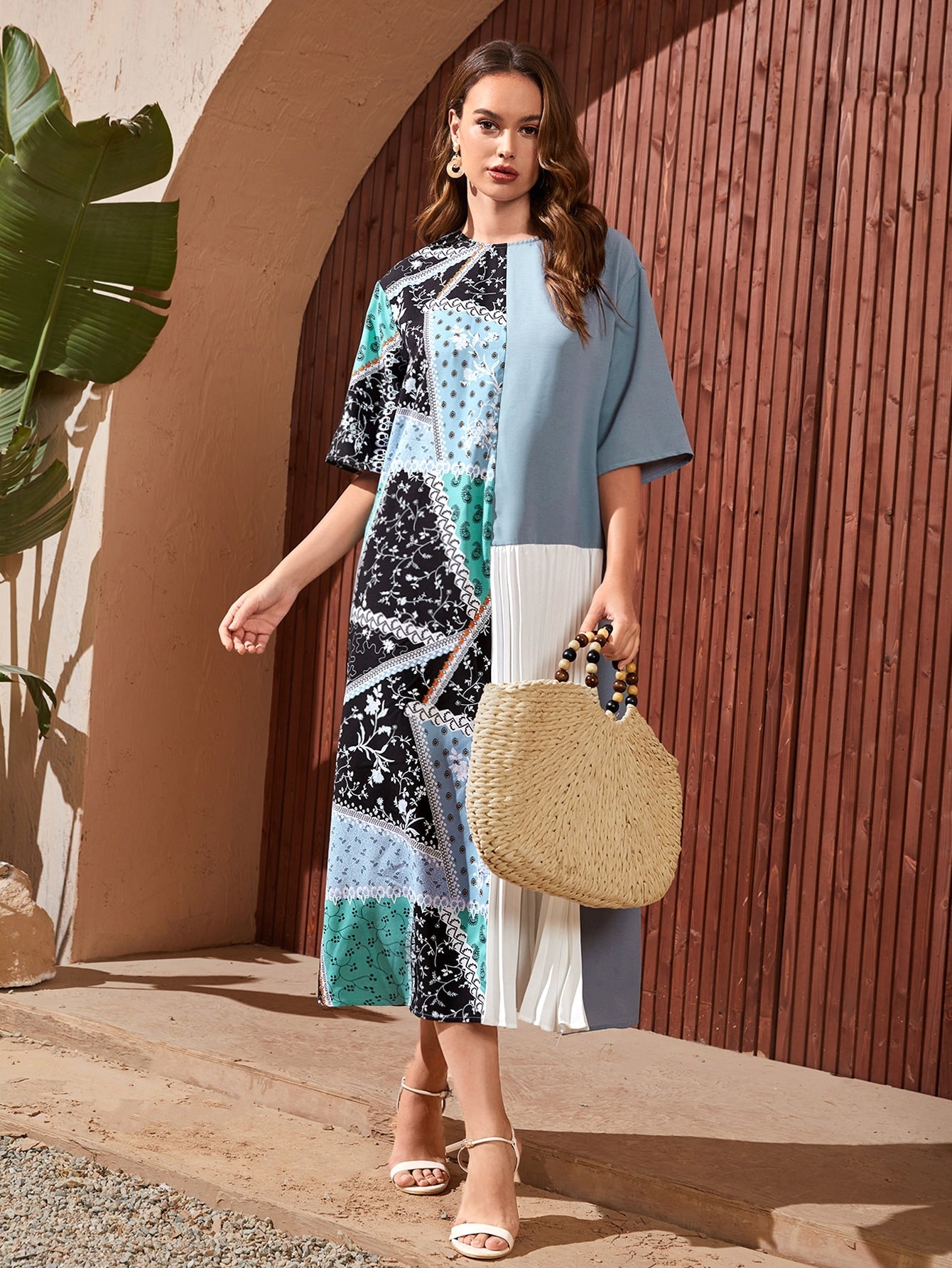 SHEIN Mulvari Colorblock Patchwork & Scarf Print Pleated Hem Dress
