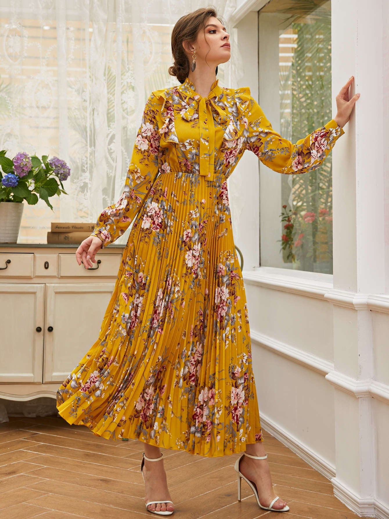 SHEIN Mulvari Tie Neck Allover Floral A-Line Dress