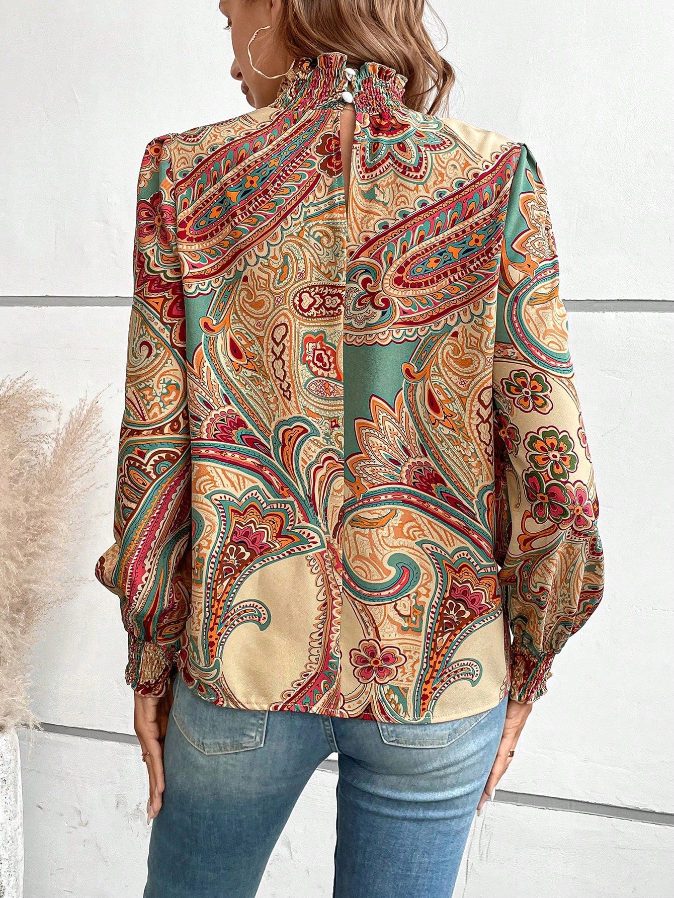SHEIN LUNE Paisley Print Mock Neck Lantern Sleeve Blouse