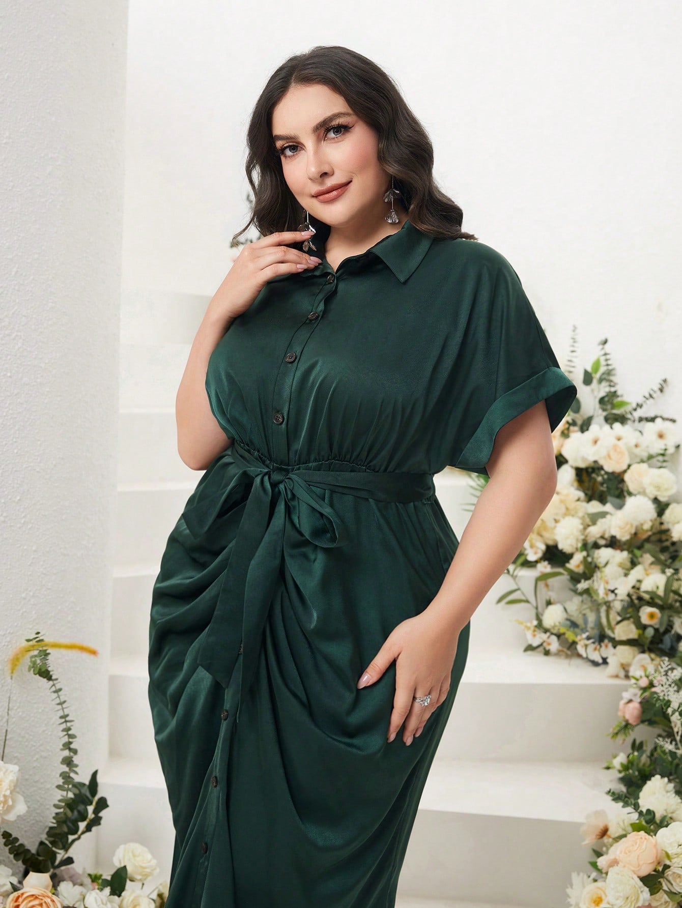 SHEIN Modely plus Batwing Sleeve Ruched Belted Shirt Dress