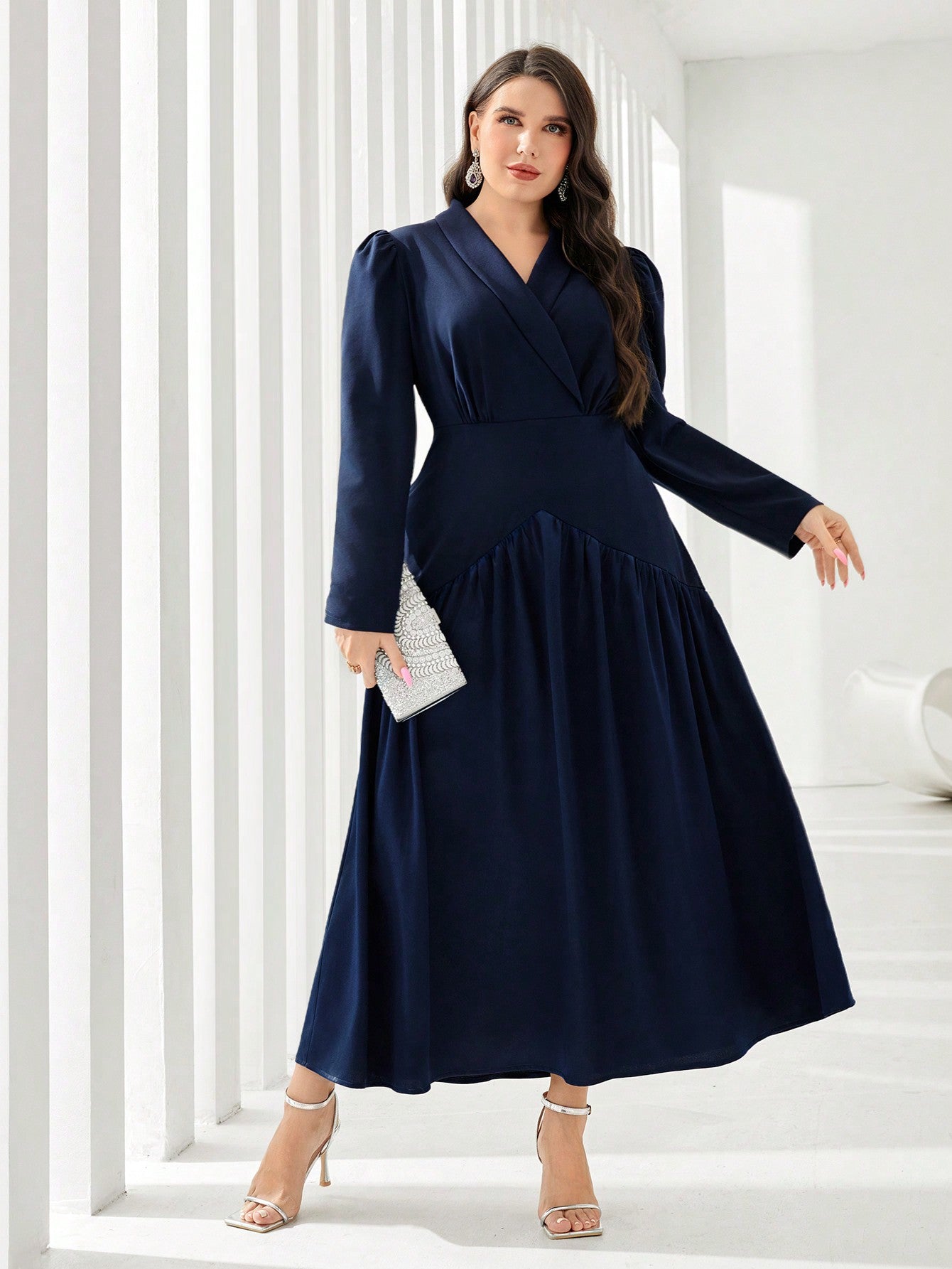 SHEIN Modely plus Shawl Collar Puff Sleeve Flare Hem Dress