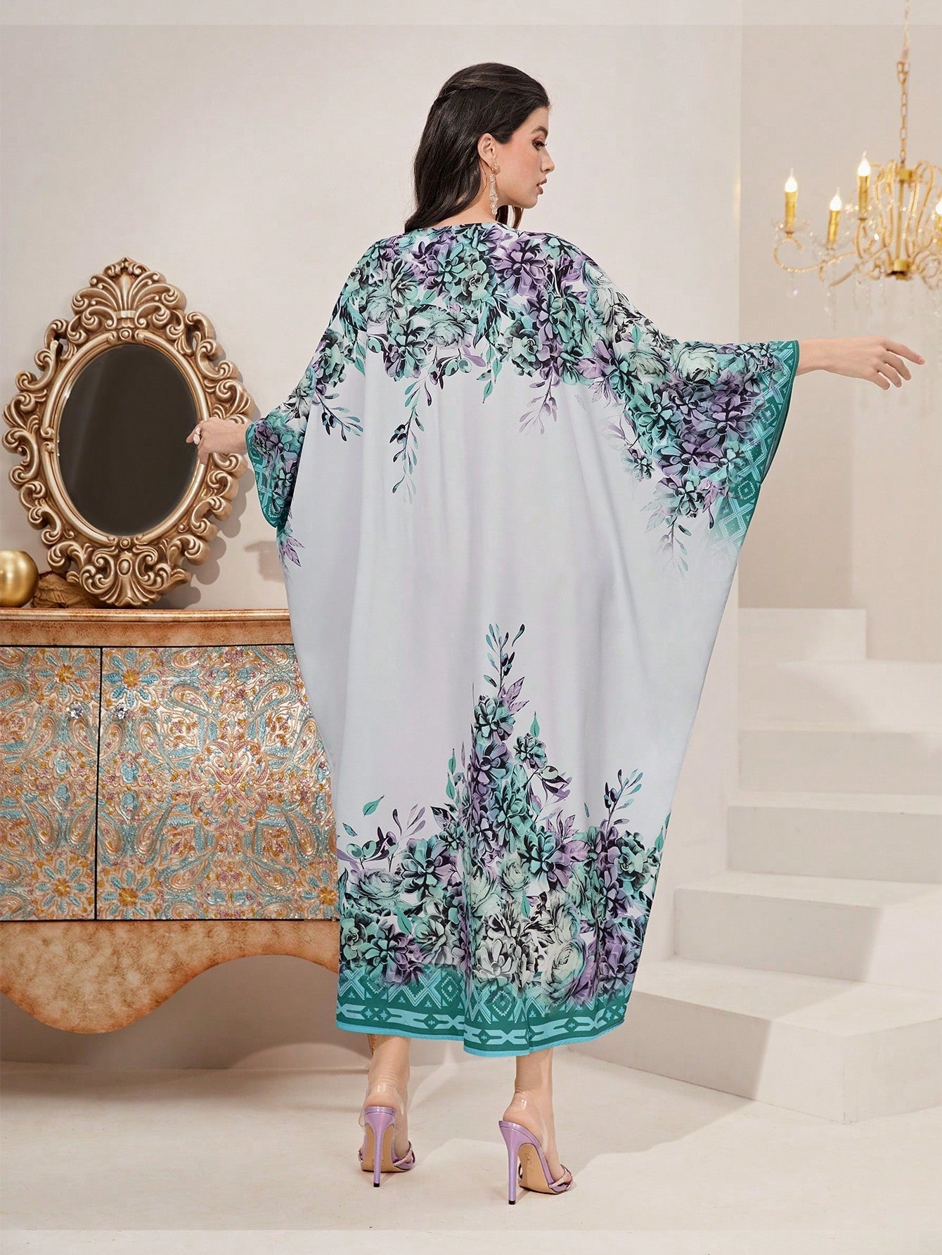 SHEIN Najma Floral Print Batwing Sleeve Kaftan