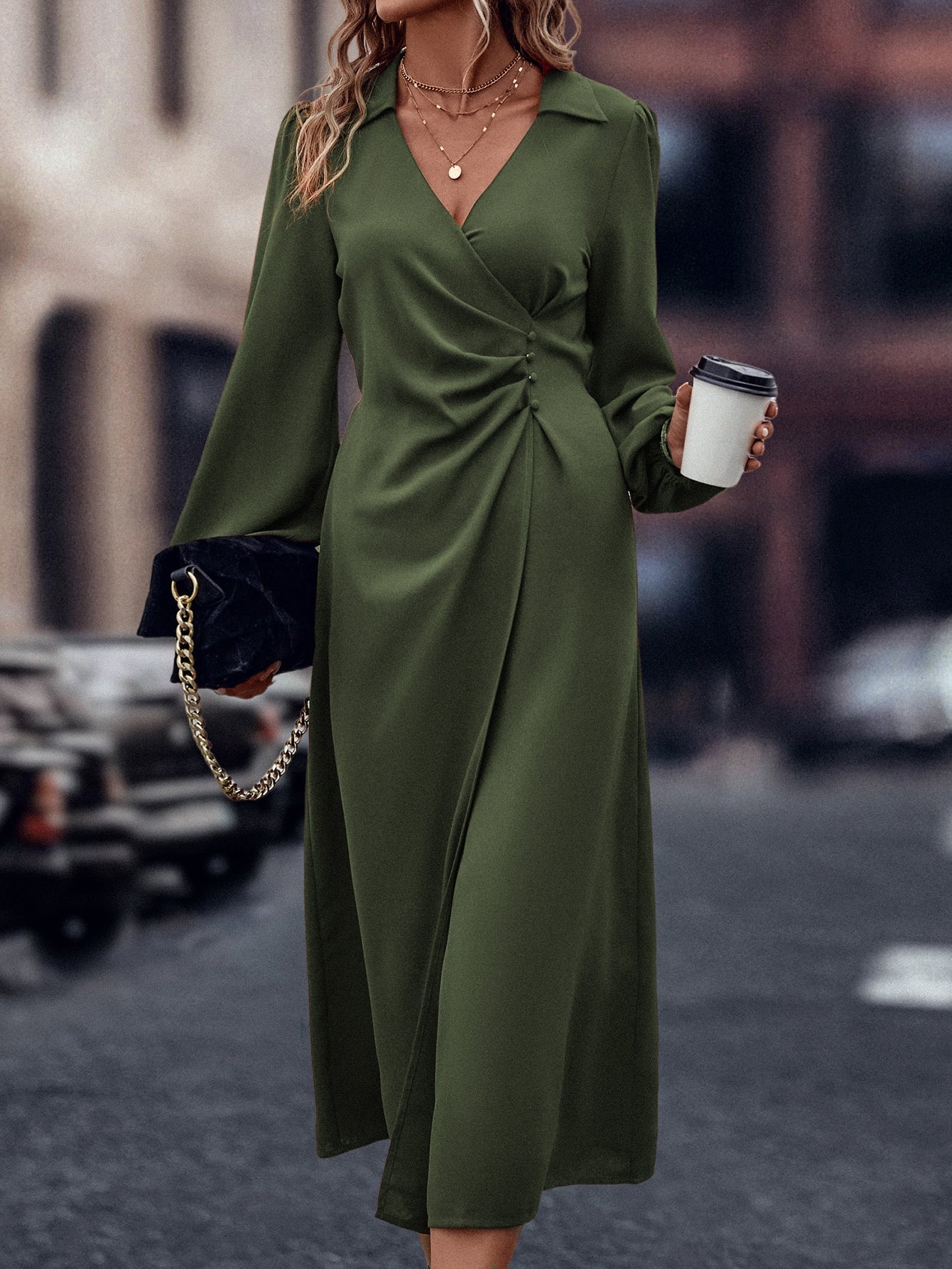 SHEIN LUNE Solid Ruched Bishop Sleeve Dress