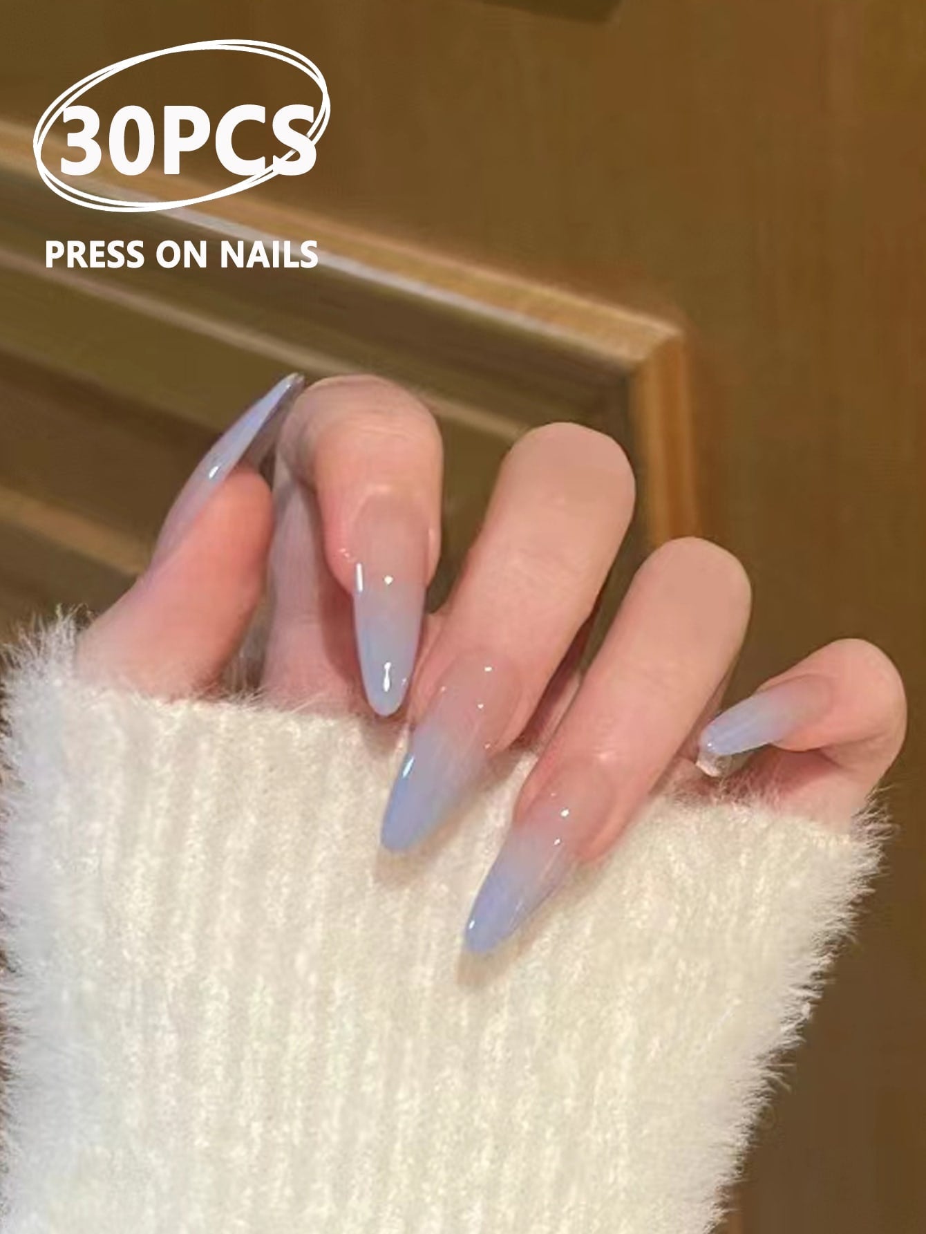 30Pcs/Set Long Pointed Sky Blue Gradient False Nails with 1Pc Nail File, 1Pc Jelly Glue